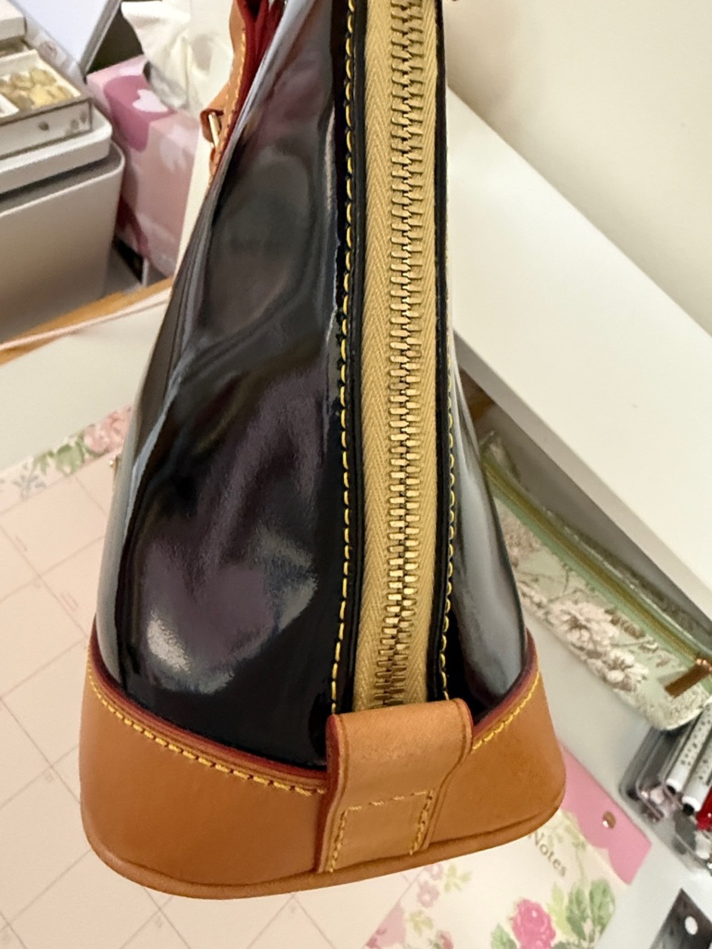 Dooney & Bourke Black Patent Satchel with Tan Trim - Picture 4 of 10